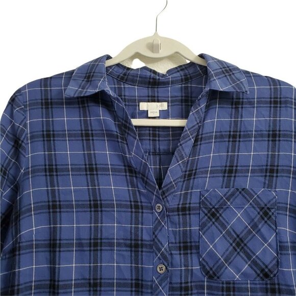 J. Jill Tunic Top Small Plaid Blue‎ Curved Hem Shirt Button Up Collared Casual - Picture 3 of 11
